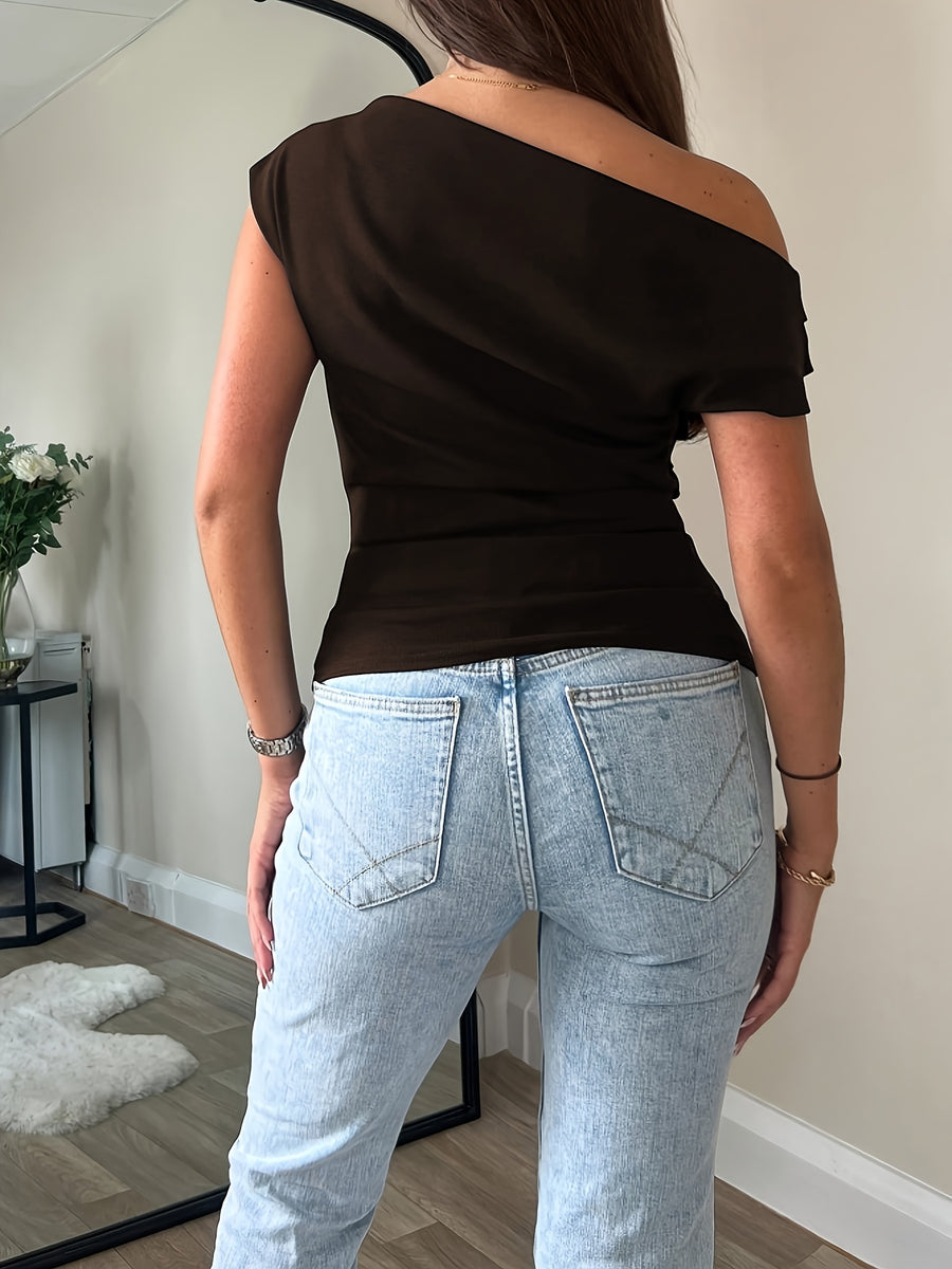 Elegant Casual Fashion Off-Shoulder Short Top Slim Sexy Women'S Blouse - Coffee Color