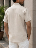 Trendy Men'S New Multi-Pocket Short Sleeve Guayabera Shirt! Retro Style with Epaulet Design, Full of Presence. Four Large Patch Pockets, Practical And Stylish, Comfortable Fabric, Breathable And Non-Stuffy - Khaki