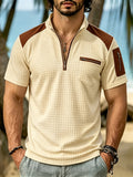 Men's Vintage Plaid Polo Shirt with Lapel, Zipper, Chest Pocket, and Short Sleeves, Chinese Size, Please Check The Size Guide Carefully - Khaki