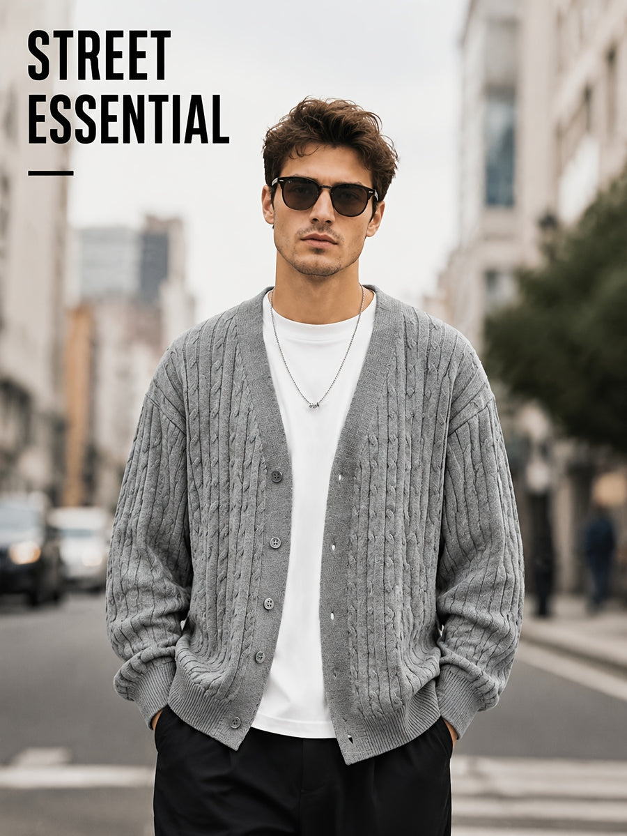 Daily Deal 1pc Men's Cable Knit Cardigan, V-Neck Button-Front, Textured Twist Knit, Retro Casual Street Style, Spring & Fall Loose Fit Daily Sweater Outerwear - Dark Gray