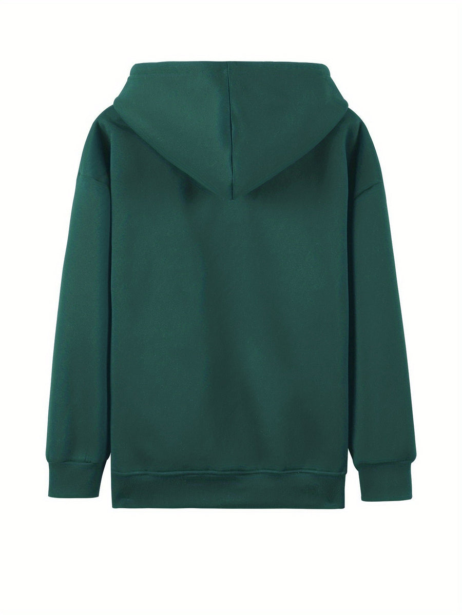 Plus Size - Plus Size - Plus Size Women'S Casual Autumn And Winter Letter Print Sweatshirt, Long Sleeve Pocket Hooded Zip Jacket, Women'S, Hoodie - Green