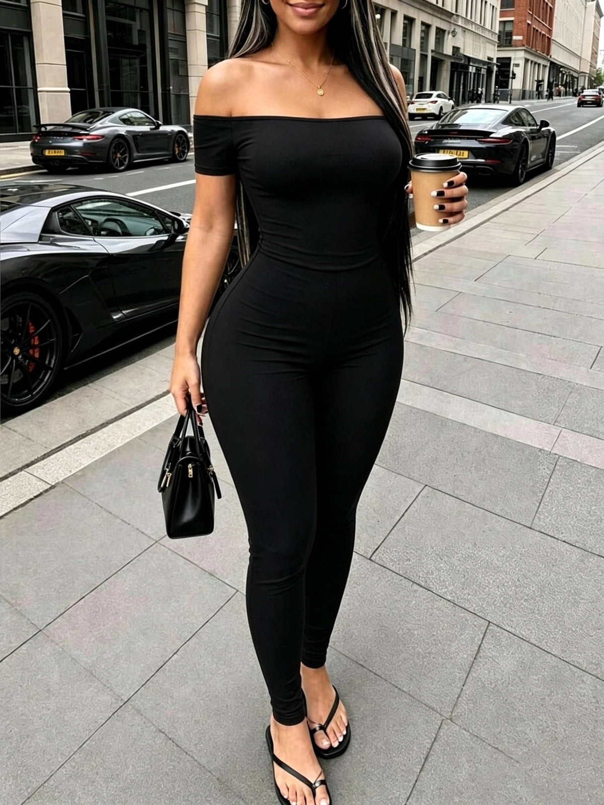 Summer New Off-Shoulder Short Sleeve Women's Jumpsuit, Slim Fit Jumpsuit, Suitable for S,, Casual Daily Wear - Black