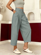 Women'S Casual Solid High-Waist Capri Pants - Comfortable Elastic Waist, Pocketed Perfect for Spring And Fall - Grey