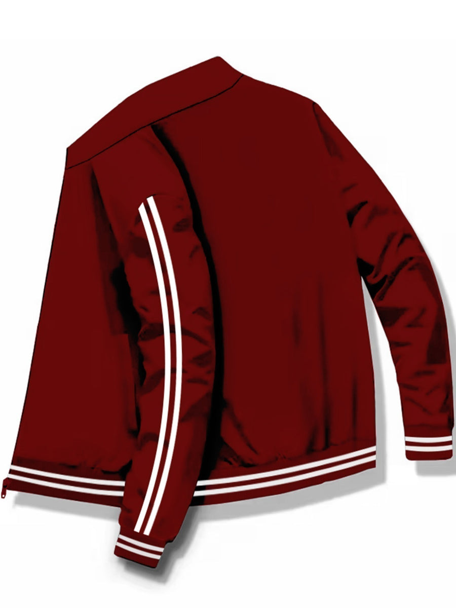 Men's Spring/Autumn Stand Collar Baseball Jacket with "BLACK" Lettering and Diamond Pattern Print, Zipper Front with Contrast Stripes, Lightweight Casual Windproof Sports Jacket - Burgundy