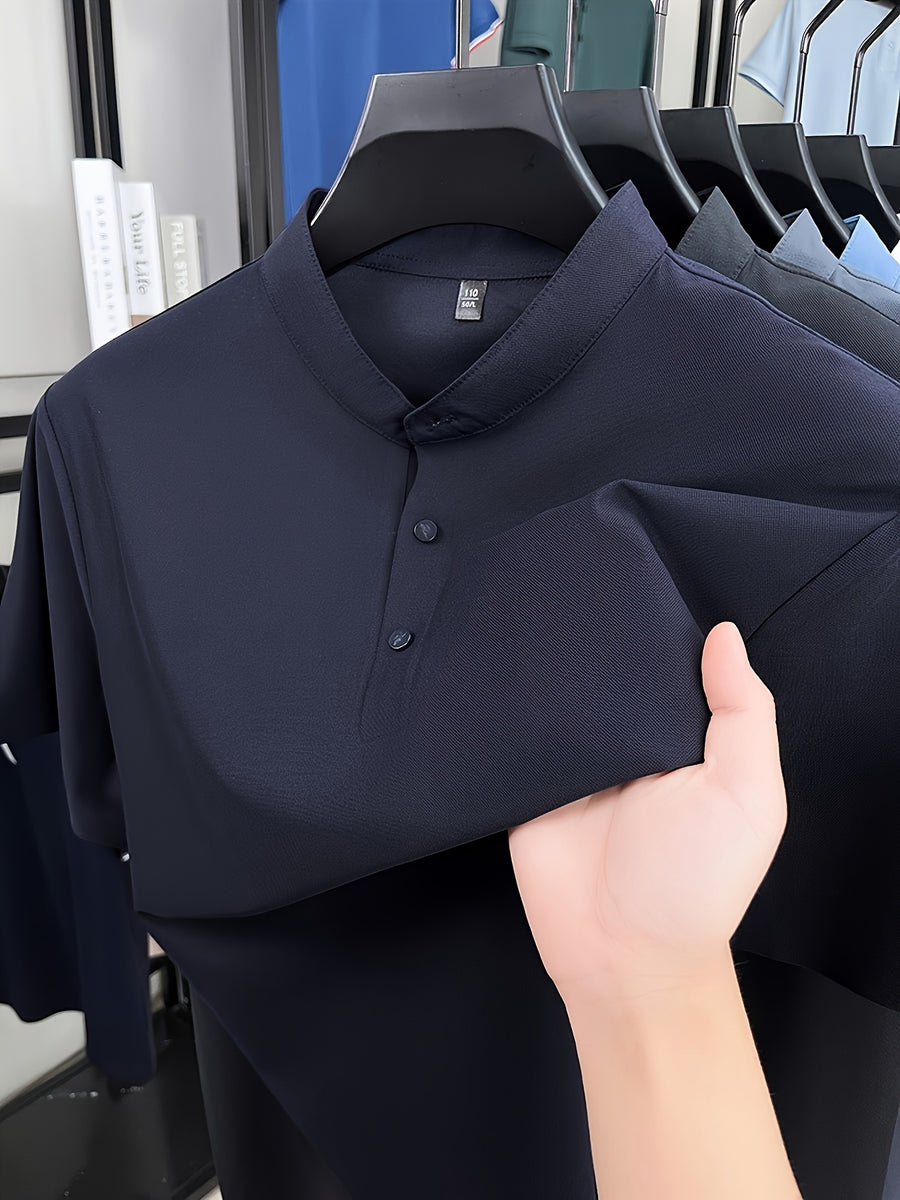 Summer Short-Sleeve T-Shirt for Men, Featuring a Solid Color, Breathable Fabric, And a Small Stand-Up Collar - Deep Navy Blue