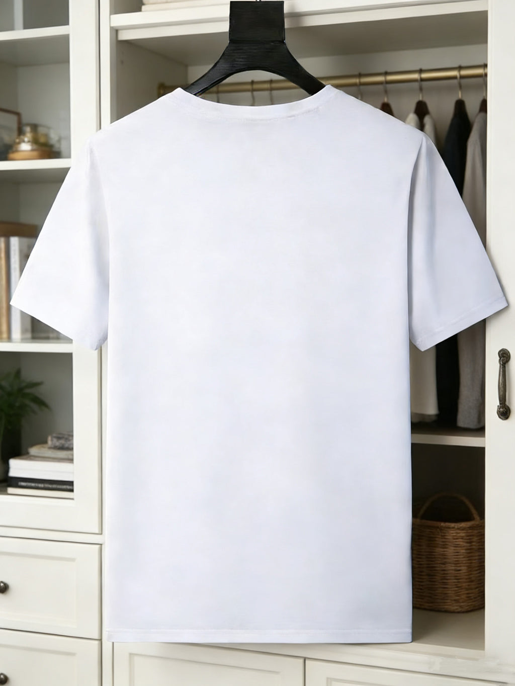 Blue-and-White Floral Vine Chinese Style Print Men's Tee Minimal New Chinese Versatile Loose Breathable Crew Neck Summer Commute Basic Top - White
