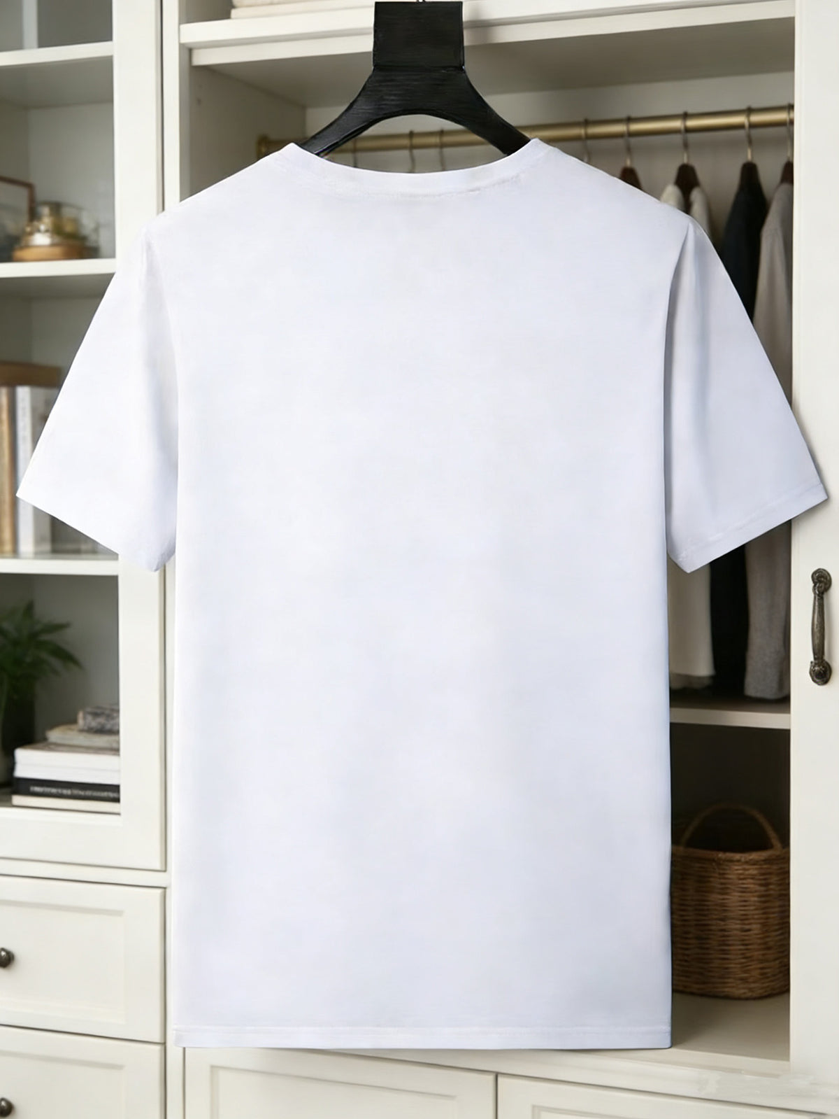 Blue-and-White Floral Vine Chinese Style Print Men's Tee Minimal New Chinese Versatile Loose Breathable Crew Neck Summer Commute Basic Top - White