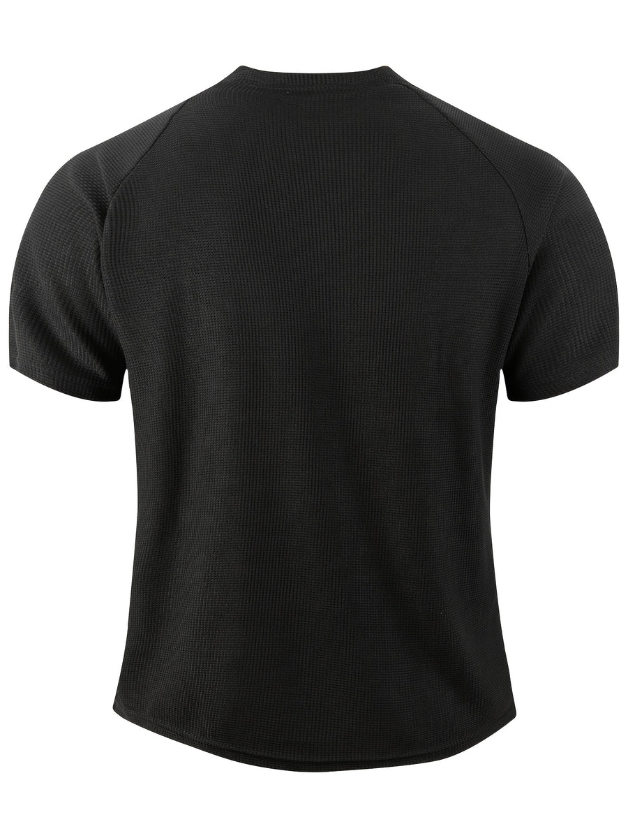 Men's Summer Collarless Casual Henley Shirt. Comfortable, Soft, and Breathable Fitness Business Fashion Polo Shirt - Black