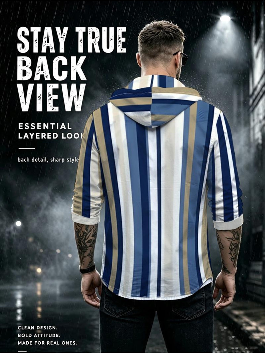 Men's Hooded Sweatshirt, Casual Sports Style, Mixed Color, Multiple Sizes Available, Polyester Material, Vertical Striped Pattern (Blue, Beige, White), Loose Fit, Long - Sleeved, Suitable for Spring and Autumn, Street Fashion, Daily Outerwear - Mixed colors