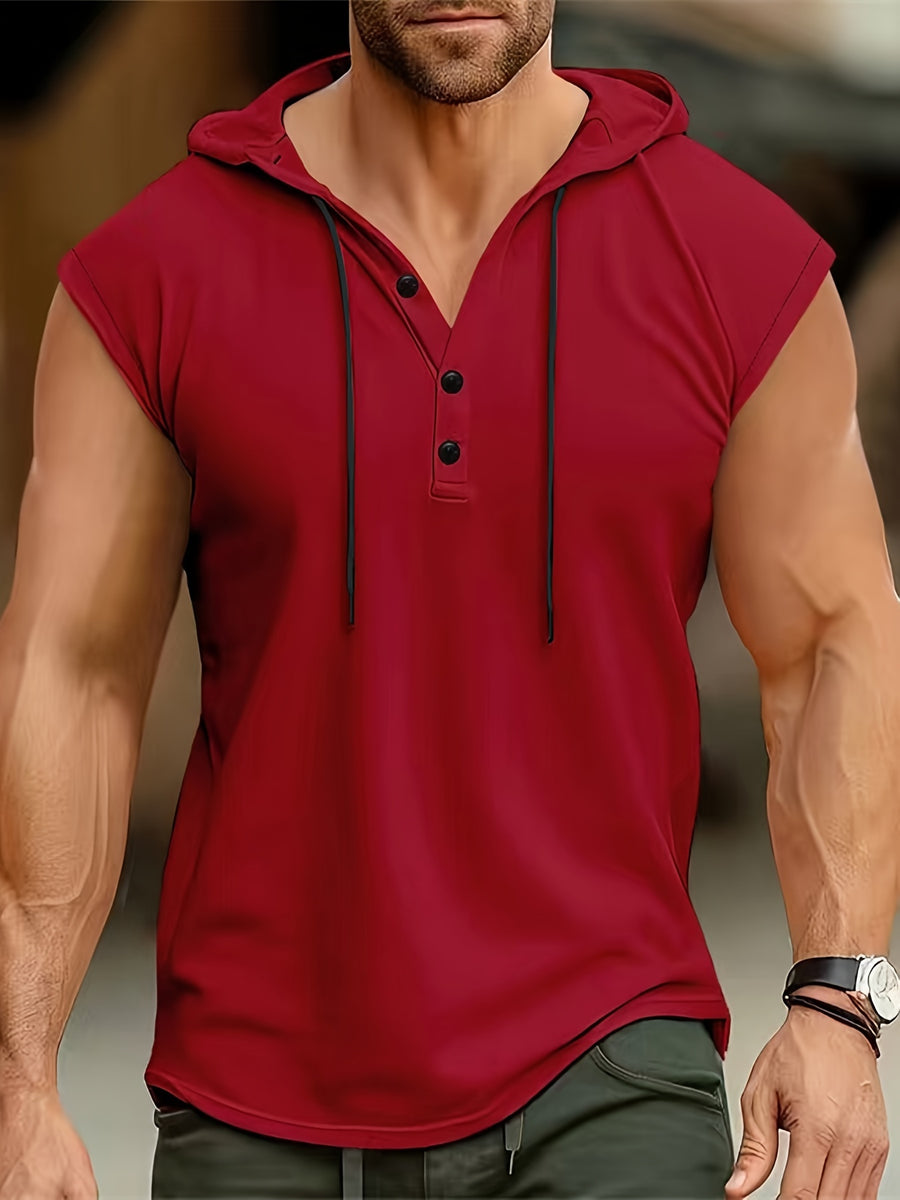 Men's Sleeveless Hooded Henley Shirt - Lightweight, Breathable Polyester | Summer Casual & Sporty Top with Button Detail | Machine Washable - Red