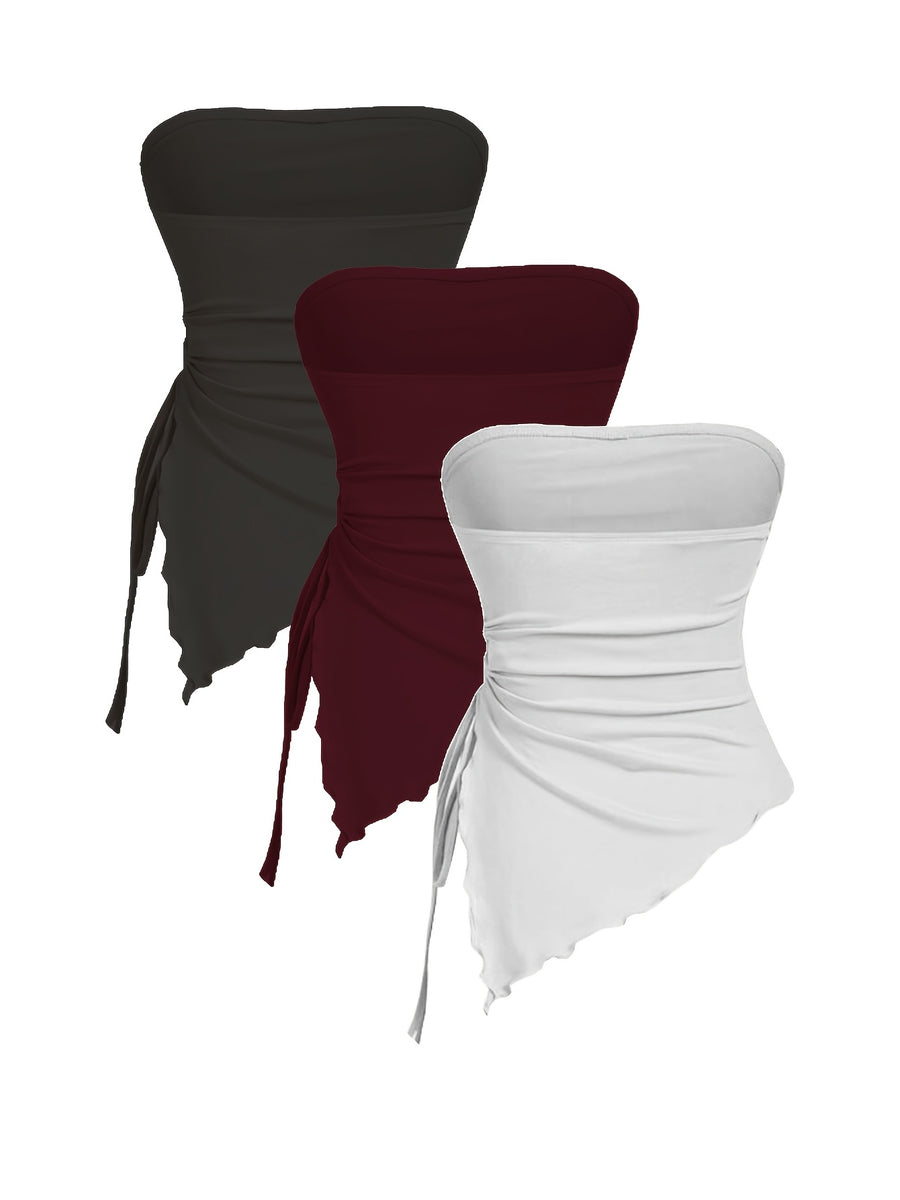 Women'S 3-Pack Strapless Top Drawstring Side Ruched Asymmetrical Tube Tops - Black/Burgundy/White