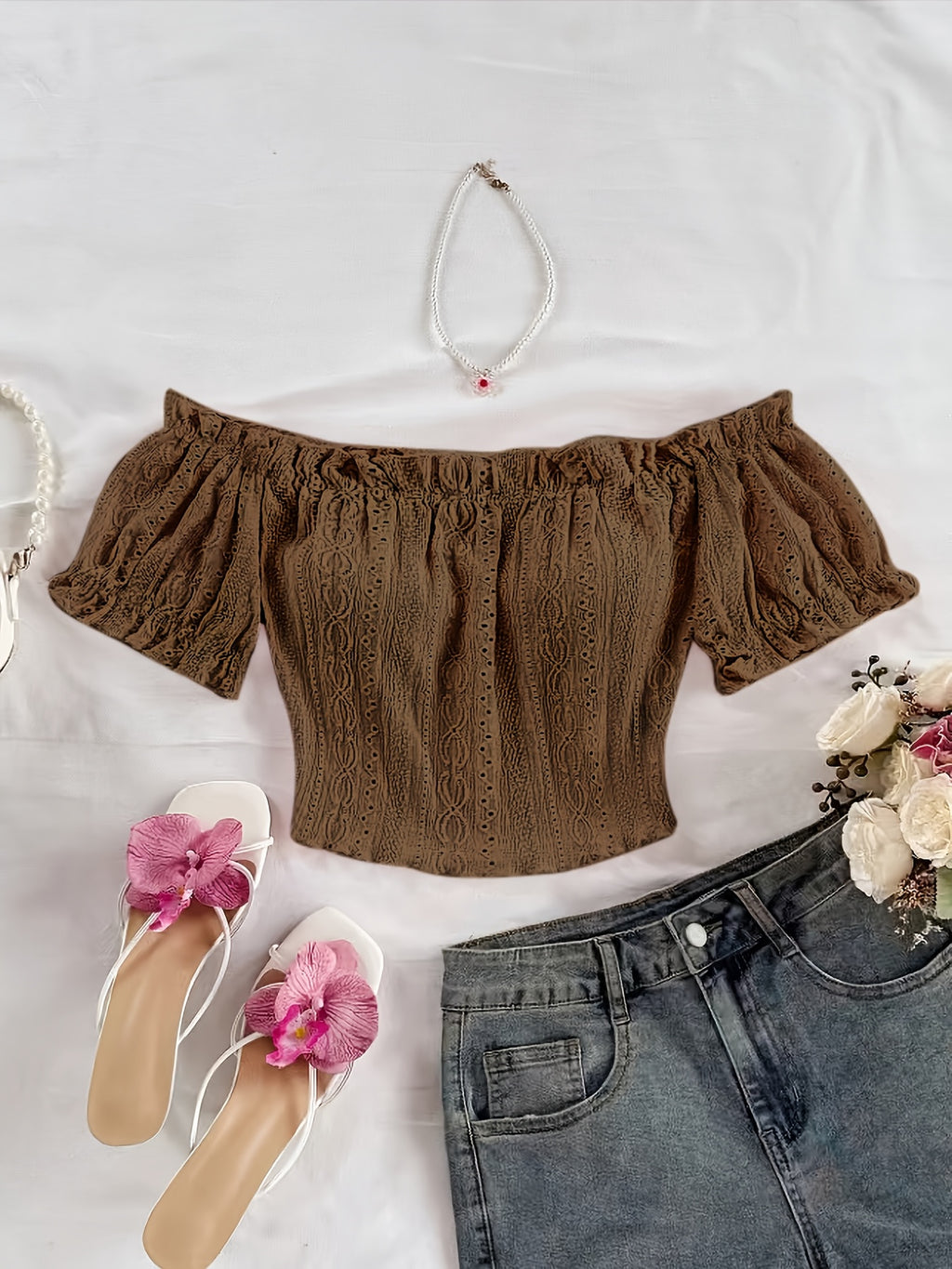 Women'S Bohemian Style Romantic Floral Vacation Style Floral Pattern Crop Off-Shoulder Top, Suitable for Daily Vacation Wear - Coffee Color