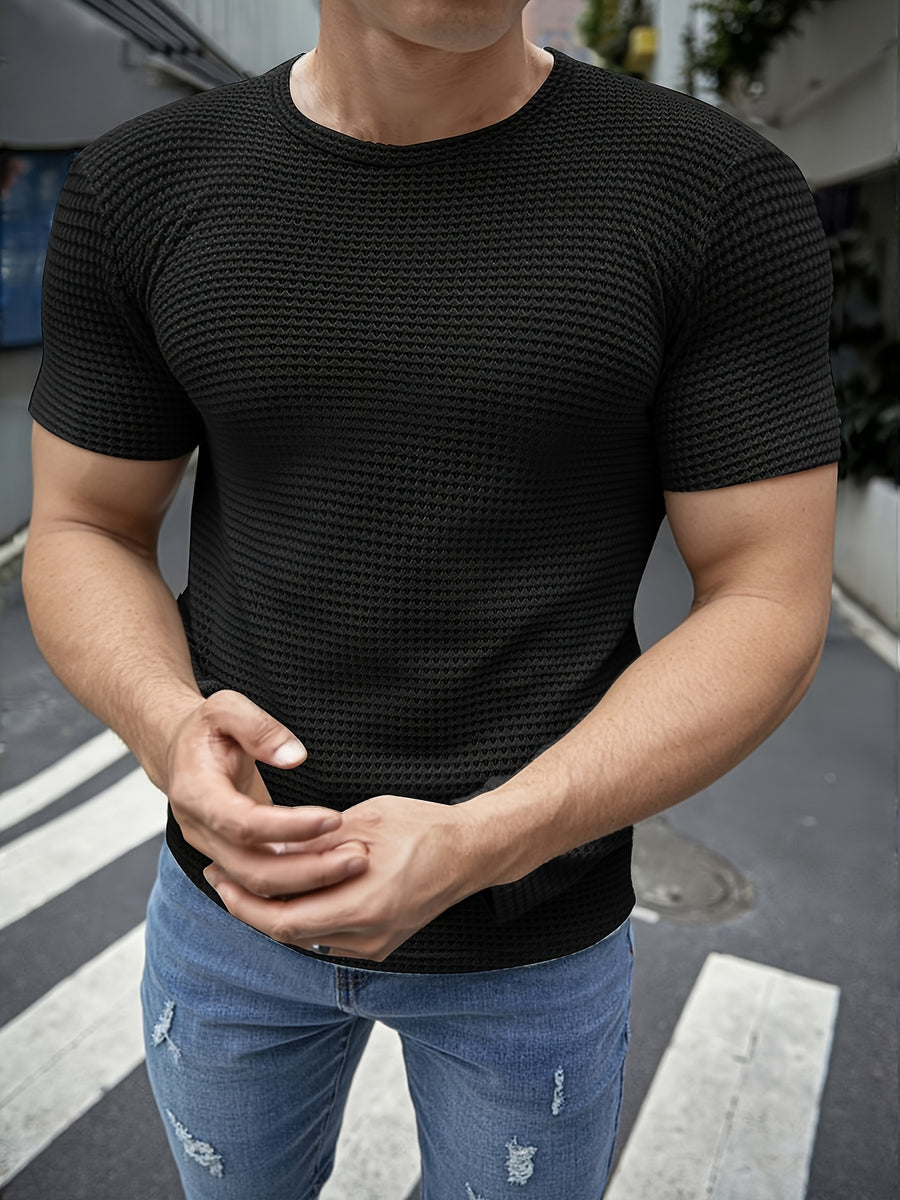 Men's Short-Sleeve Knitted Summer Fashion Jacquard Outerwear Casual Base Layer Solid Color High-Quality Top for Outings, Daily Wear, and Travel Clothing - Black