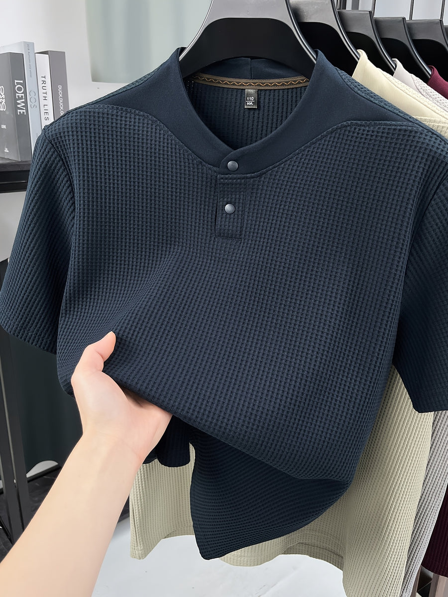 New Summer Style Men's Short-Sleeve Polo T-Shirt with Small V-Neck and Two-Button Placket, Fashionable and Versatile Sporty Casual Men's Apparel, Skin-Friendly, Comfortable, Stylish, Slimming, and Breathable, HF66180 - Navy Color