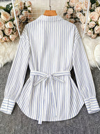 [Size for Regular Fit] Women'S Spring Autumn Elegant Striped Loose Long Sleeve Shirred Blouse, Chain Detail Tie-Waist Shirt - White Blue