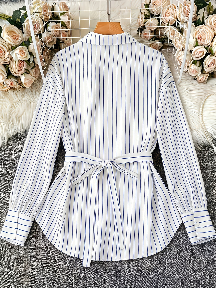 [Size for Regular Fit] Women'S Spring Autumn Elegant Striped Loose Long Sleeve Shirred Blouse, Chain Detail Tie-Waist Shirt - White Blue