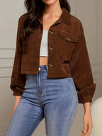 Autumn Winter New Jacquard Lapel Solid Color Coat Women'S Fashion Pinstripe Button Design Casual Jacket - Maroon