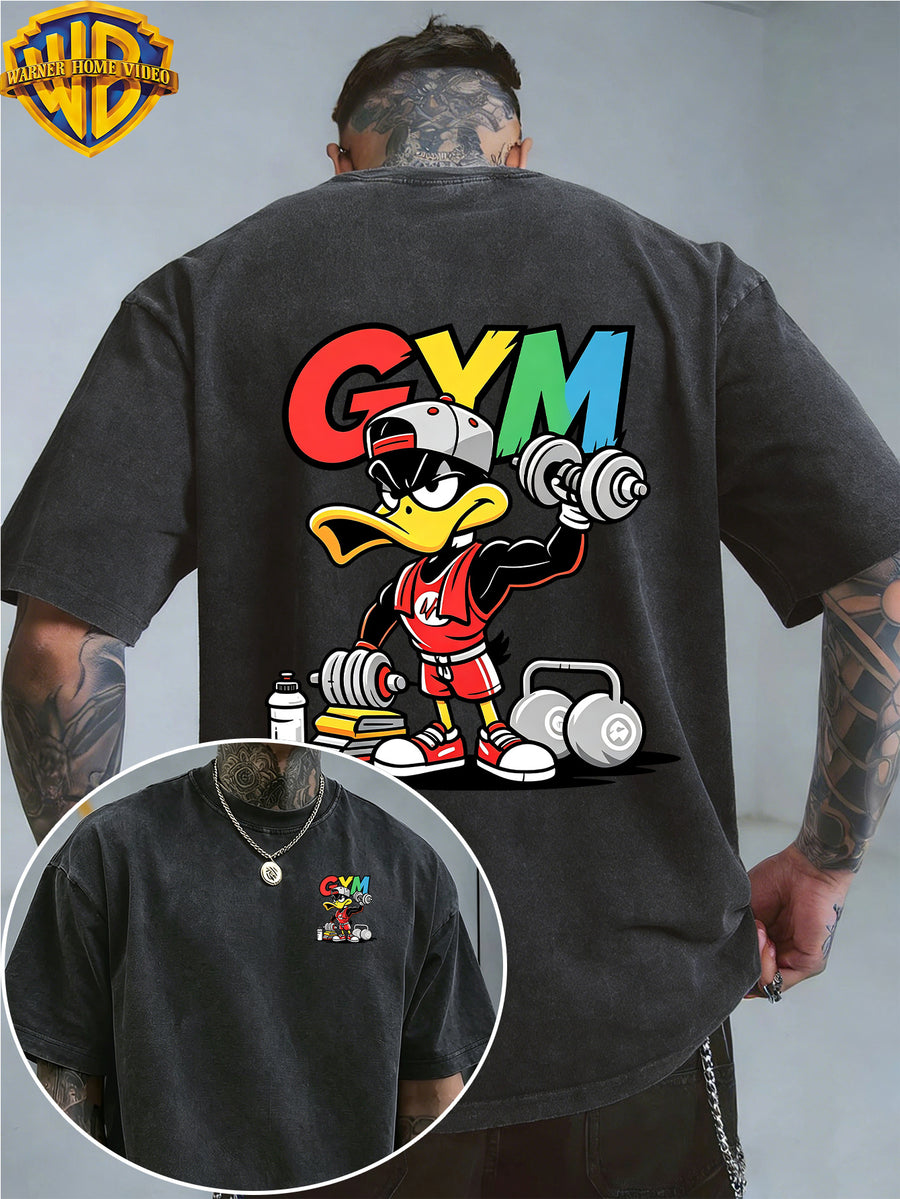 Warner Bros. Officially Authorized Fitness Cartoon Duck Holding Dumbbell Print Retro Washed Distressed Short Sleeve T-Shirt Unisex Machine Washable Daily Commuting Outdoor Sports Casual Top - Black
