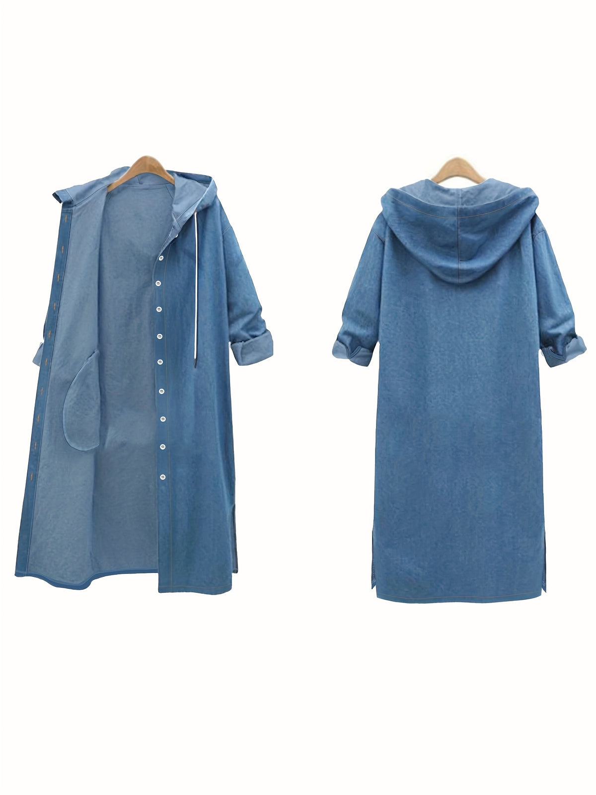 Plus Size, [Printed Pants - Not Denim Fabric] Women's Hooded Long Imitation Denim Jacket, Casual Button-Up, Loose Fit with Drawstring, Long Sleeves, Pockets - Peacock Blue