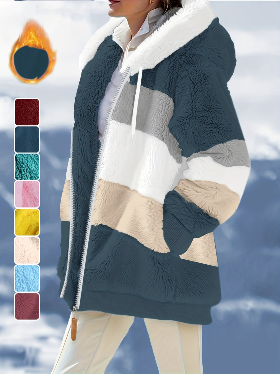 Women's Fuzzy Hooded Jacket Color Block Zip-Up Coat Warm Outerwear with Pockets for Autumn Winter Casual Outdoor Wear - Navy Color