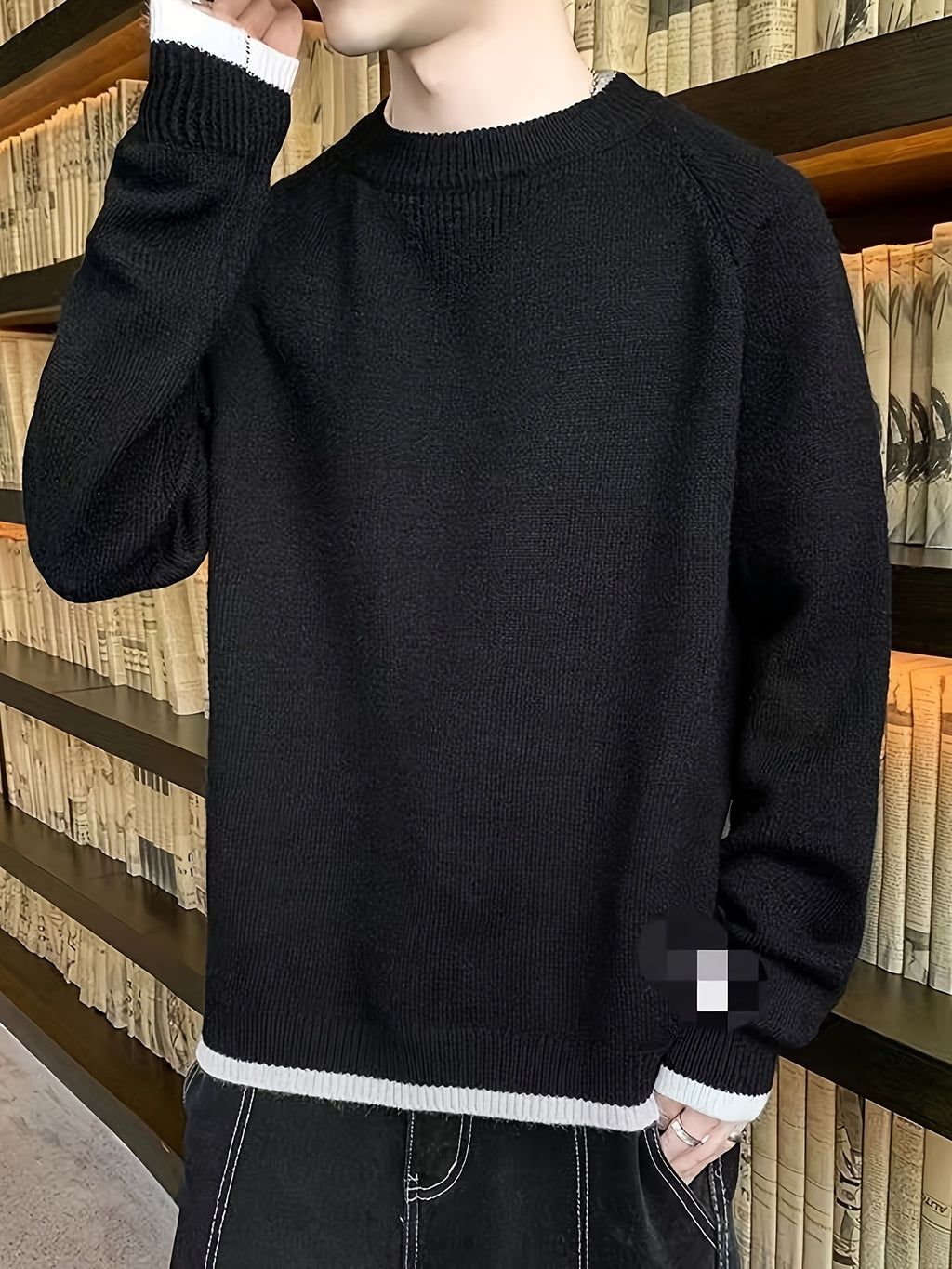 This Autumn and Winter Knitted Sweater for Men Features a Round Neck, Long Sleeves, and White Stitching at the Hem. It's a Trendy and Stylish Regular Style for Men - Black+White