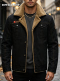 Men's Large Lapel Denim Work Jacket, Thickened for Locking in Heat and Cold Resistance, Wear-Resistant Washed Twill Workwear Fabric, Slim Fit Vintage Biker Style, Autumn/Winter Streetwear Commuter Biker Outfit, Full Lining, Chest Flap Patch Pocket - Black