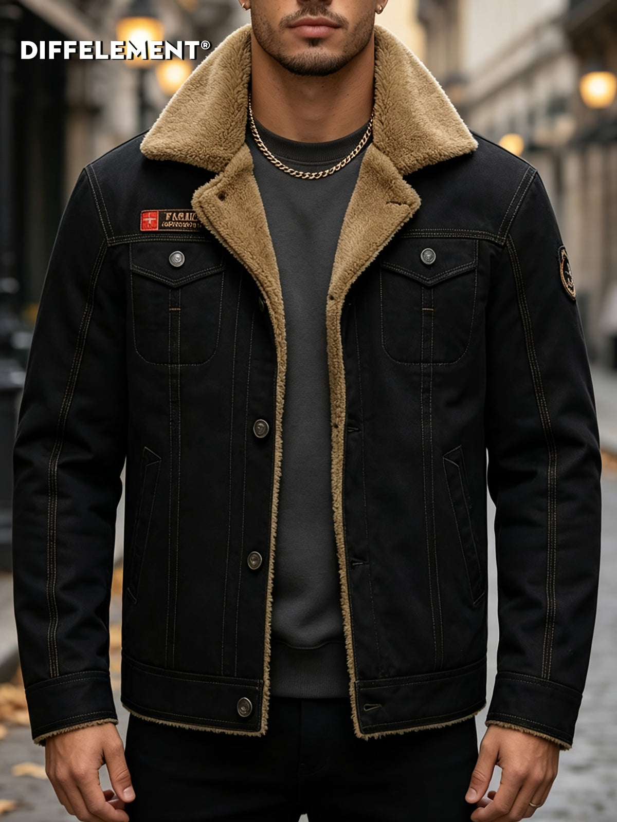 Men's Large Lapel Denim Work Jacket, Thickened for Locking in Heat and Cold Resistance, Wear-Resistant Washed Twill Workwear Fabric, Slim Fit Vintage Biker Style, Autumn/Winter Streetwear Commuter Biker Outfit, Full Lining, Chest Flap Patch Pocket - Black