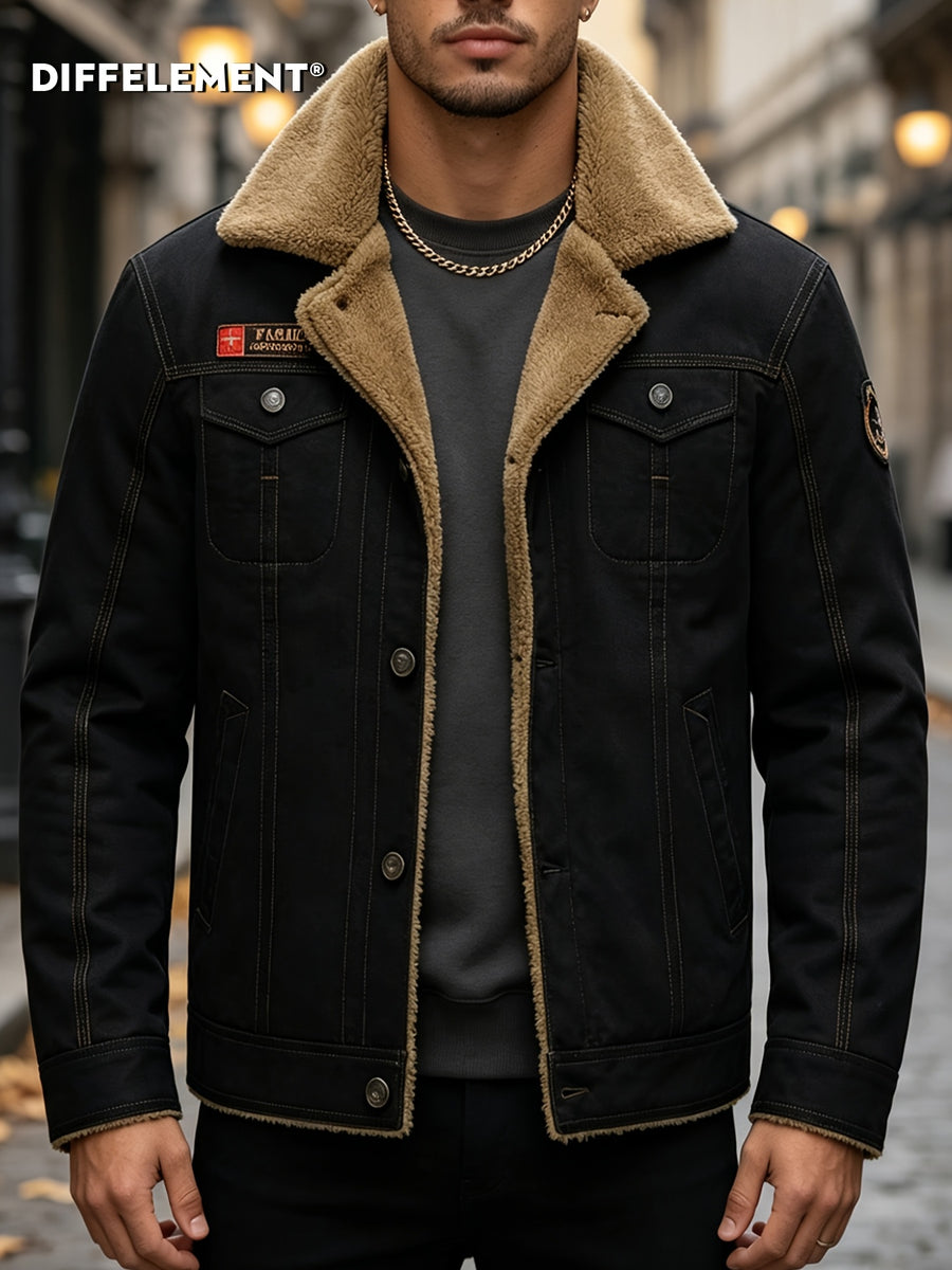 Men's Large Lapel Denim Work Jacket, Thickened for Locking in Heat and Cold Resistance, Wear-Resistant Washed Twill Workwear Fabric, Slim Fit Vintage Biker Style, Autumn/Winter Streetwear Commuter Biker Outfit, Full Lining, Chest Flap Patch Pocket - Black