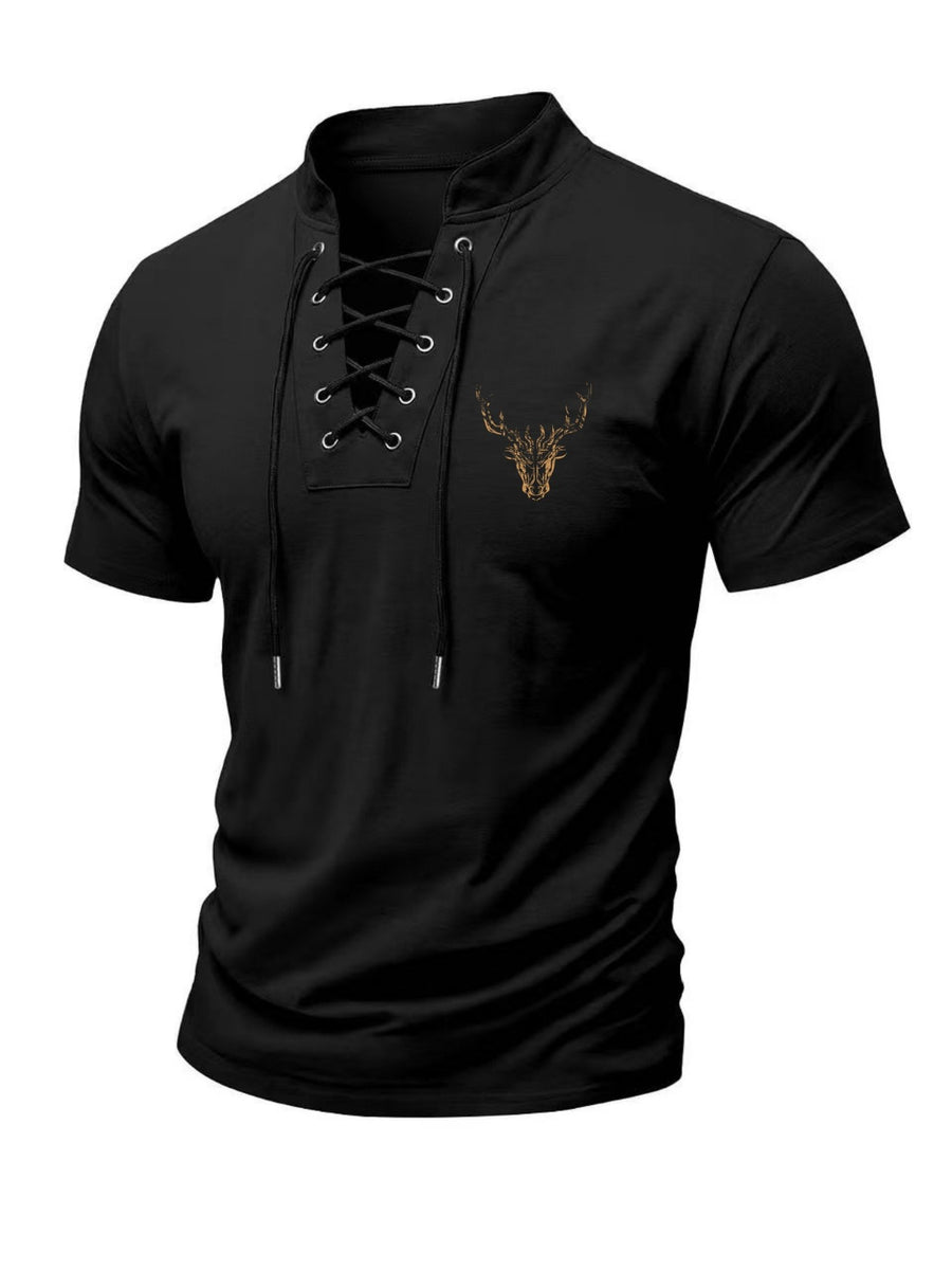 Men'S Henley Collar Cross-Strap Short Sleeve T-Shirt, Subtle Golden Stag Head Print, Delicate Skin-Friendly Fabric, Comfortable And Breathable Non-Tight Fit, Sophisticated Detail for Mature Style, Farewell to Dullness And Enhanced Premium Look - Black