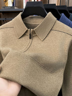 Men's Thickened Lapel Half-Zip Pullover Long-Sleeve Sweater with Ribbed Cuffs and Hem, Autumn/Winter Style, Suitable for Layering or Wearing Alone, Business Casual Style - Camel