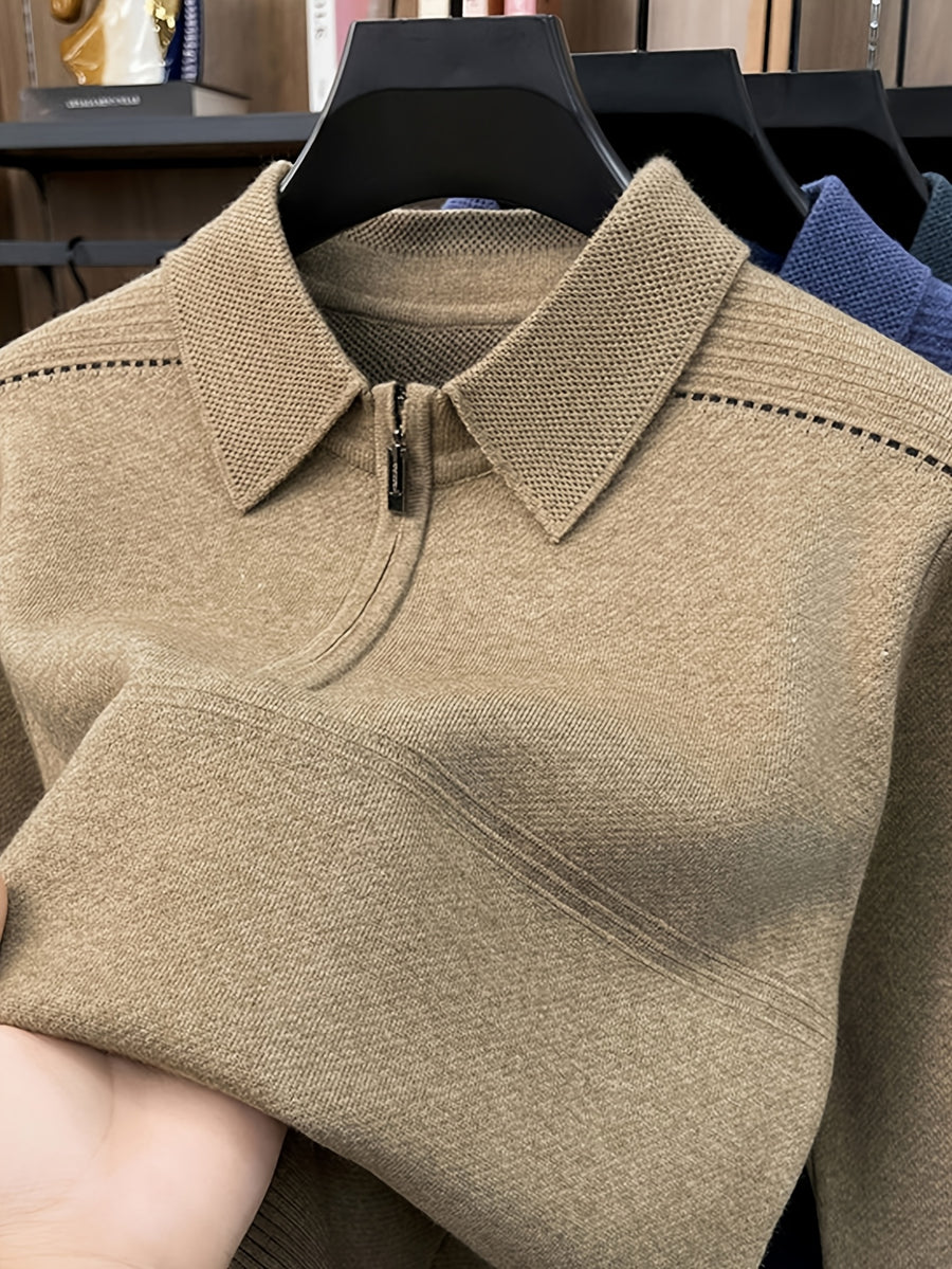 Men's Thickened Lapel Half-Zip Pullover Long-Sleeve Sweater with Ribbed Cuffs and Hem, Autumn/Winter Style, Suitable for Layering or Wearing Alone, Business Casual Style - Camel