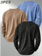 Men's 3pcs Set American Vintage Distressed Long-Sleeve Base Layer Washed Crew Neck Versatile Casual Long-Sleeve Top - Black+Khaki+Light Blue
