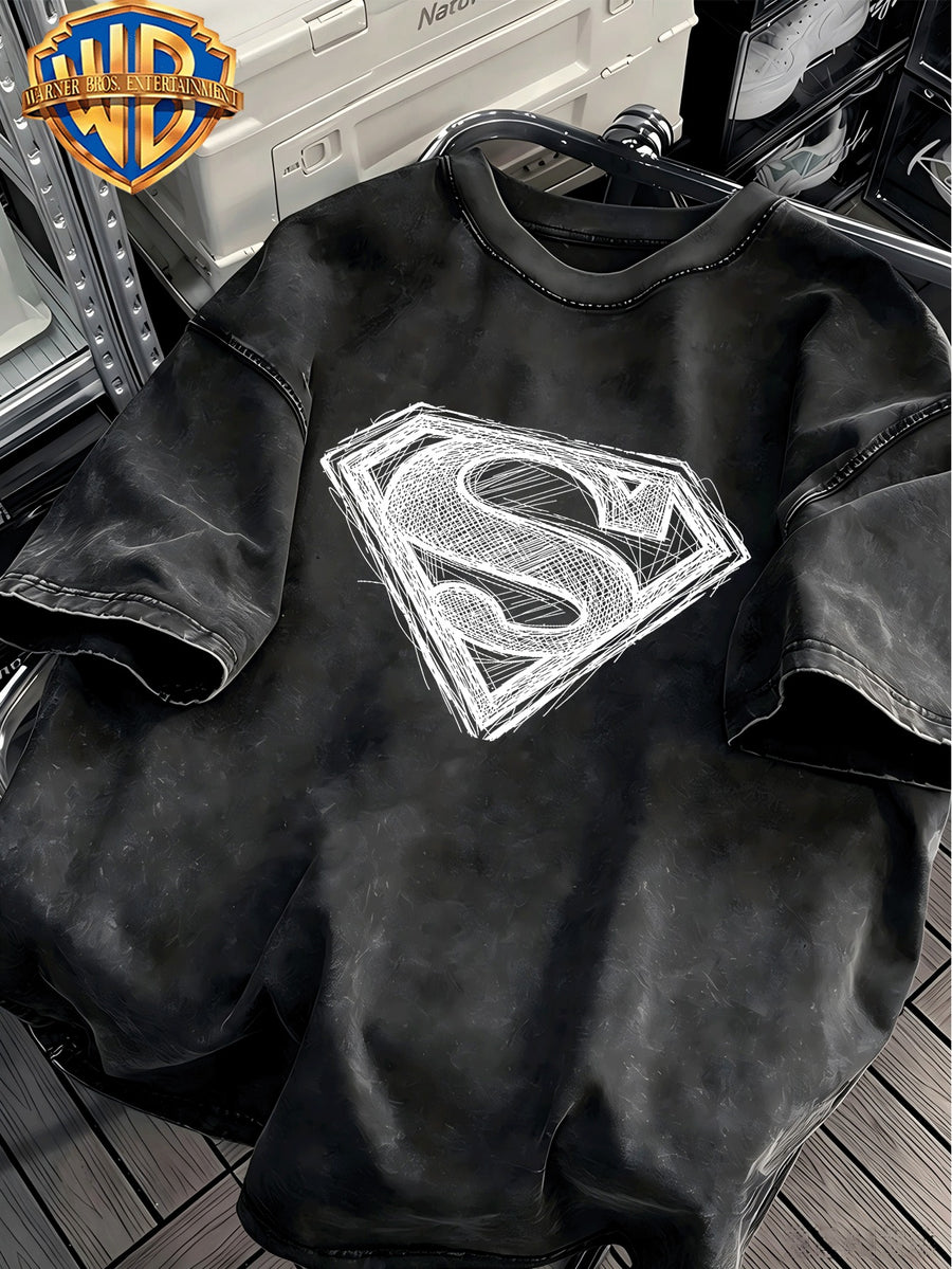 100% Washed Distressed T-Shirt, Superman Sketch S Shield Street Print, American Retro Street Cool Short Sleeve Top, Suitable for Outdoor Wear, Gym, Office, And Daily Fashion, Essential for Men'S Wardrobe - Unisex - Black