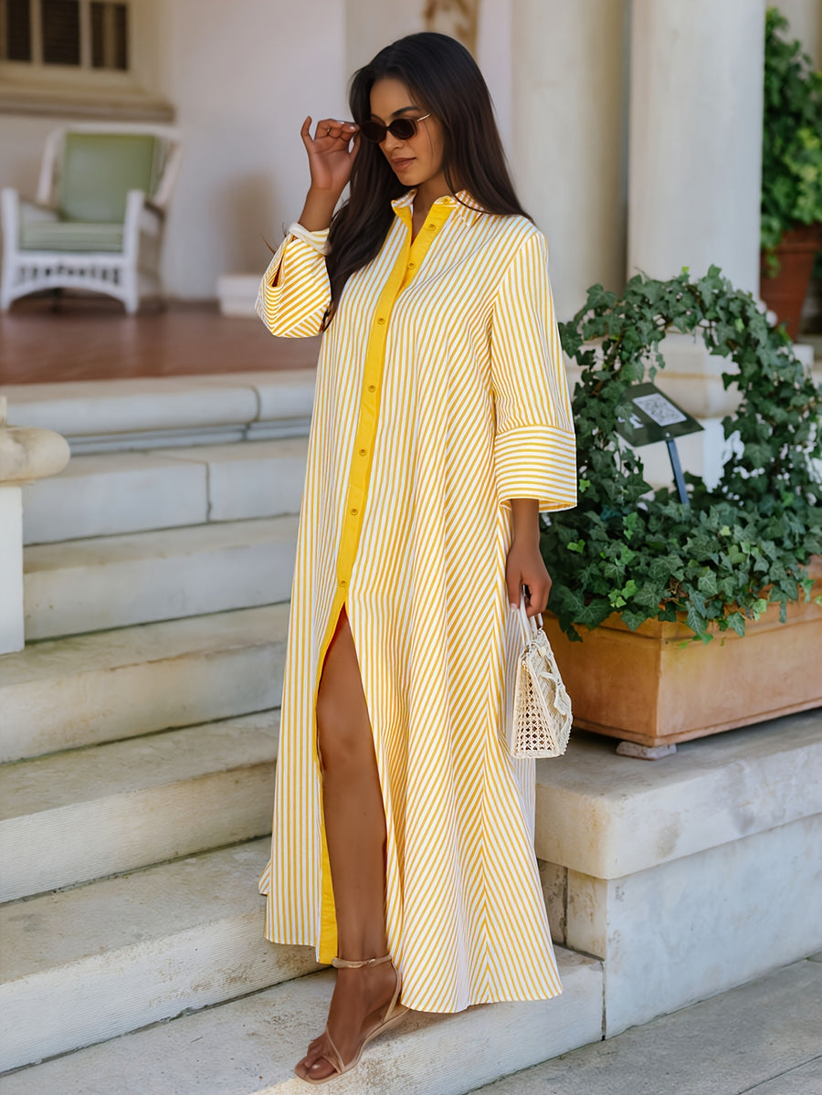 Women's Shirt Long Cape Long Elegant Striped Shirt - Yellow