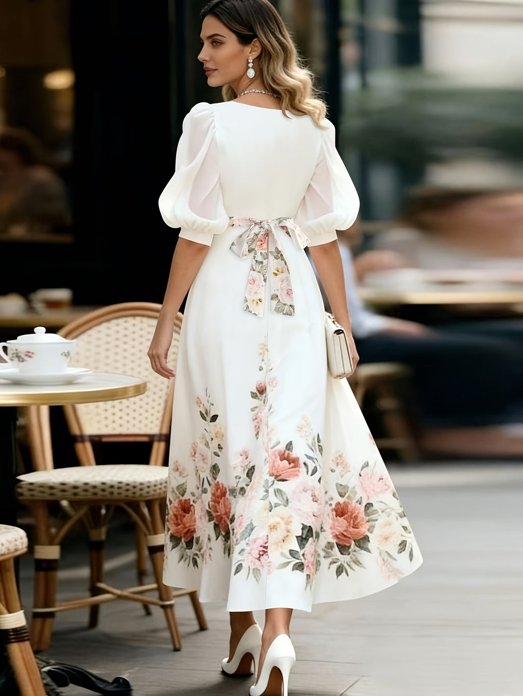 V-neck Waist-cinching Printed Maxi Dress - White