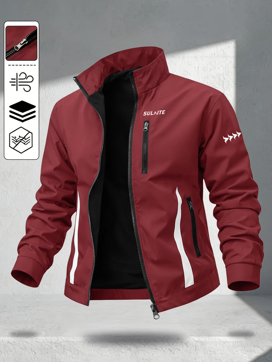Trendy Vintage Men's Spring/Autumn New Casual Versatile Jacket Outdoor Sports Windproof Coat with Contrasting Color Stand Collar, Transitional Layering Essentials - Burgundy