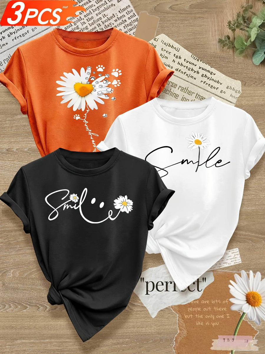 Smiling Letter Small Flower Series 3pcs Mixed Pack, Family Pack, Sisters Pack, Printed Fashion Vintage Style Women's Summer Casual Sporty Style Round Neck Short Sleeve T-Shirt, Multiple Colors Available, Sizes S-XXL - Mixed Color 12