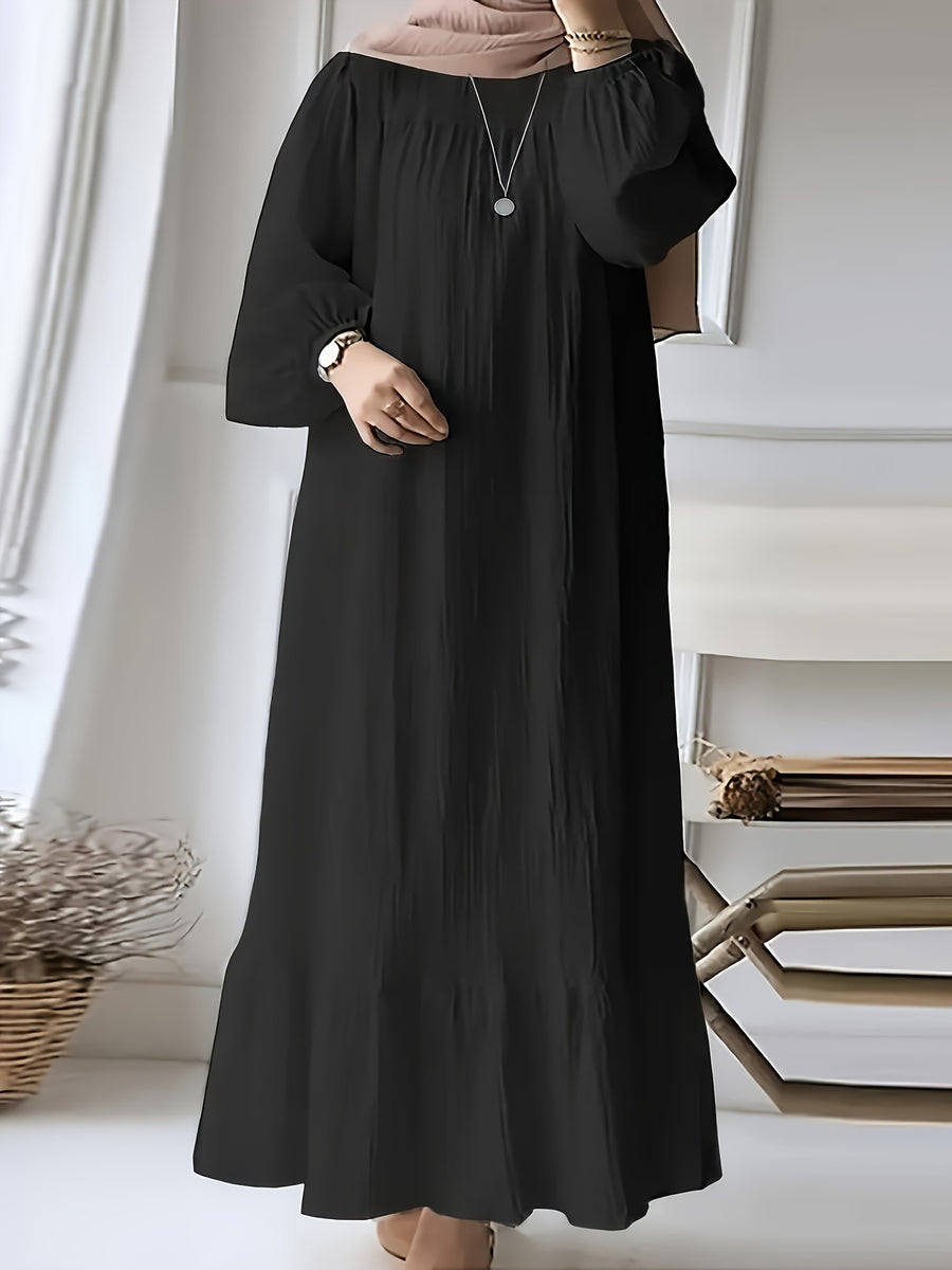 Solid Color Lantern Sleeve Round Neck Loose Hem Maxi Dress with Ruffle Trim - Black