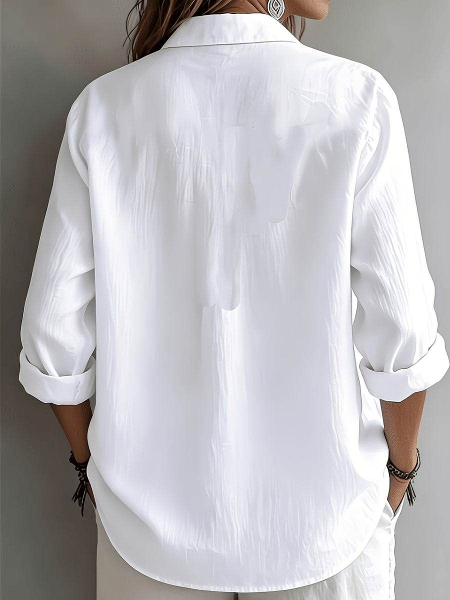 Elegant Vacation Style V-Neck, Loose Relaxed Linen Texture Shirt, Commute Style, Casual And Artistic, And Enhances Silhouette for Daily Use, Loose And Flowing, Breathable Shirt, Comfortable And Relaxed Style - White