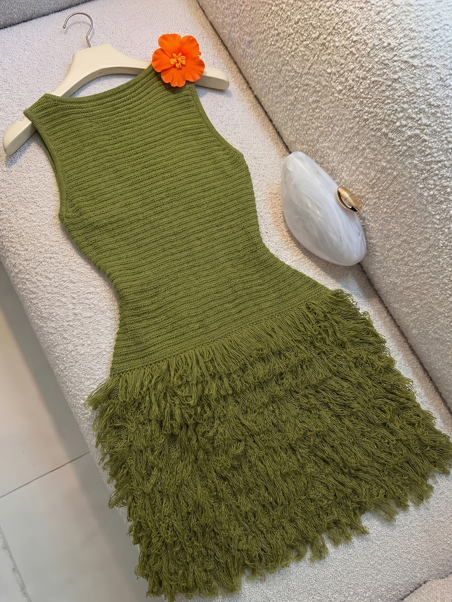 Beach Vacation Style, Handcrafted Tassel Design, And Slender High-End Elegant Vest Dress, High-End And Dignified, Versatile And Fashionable - Olive Green