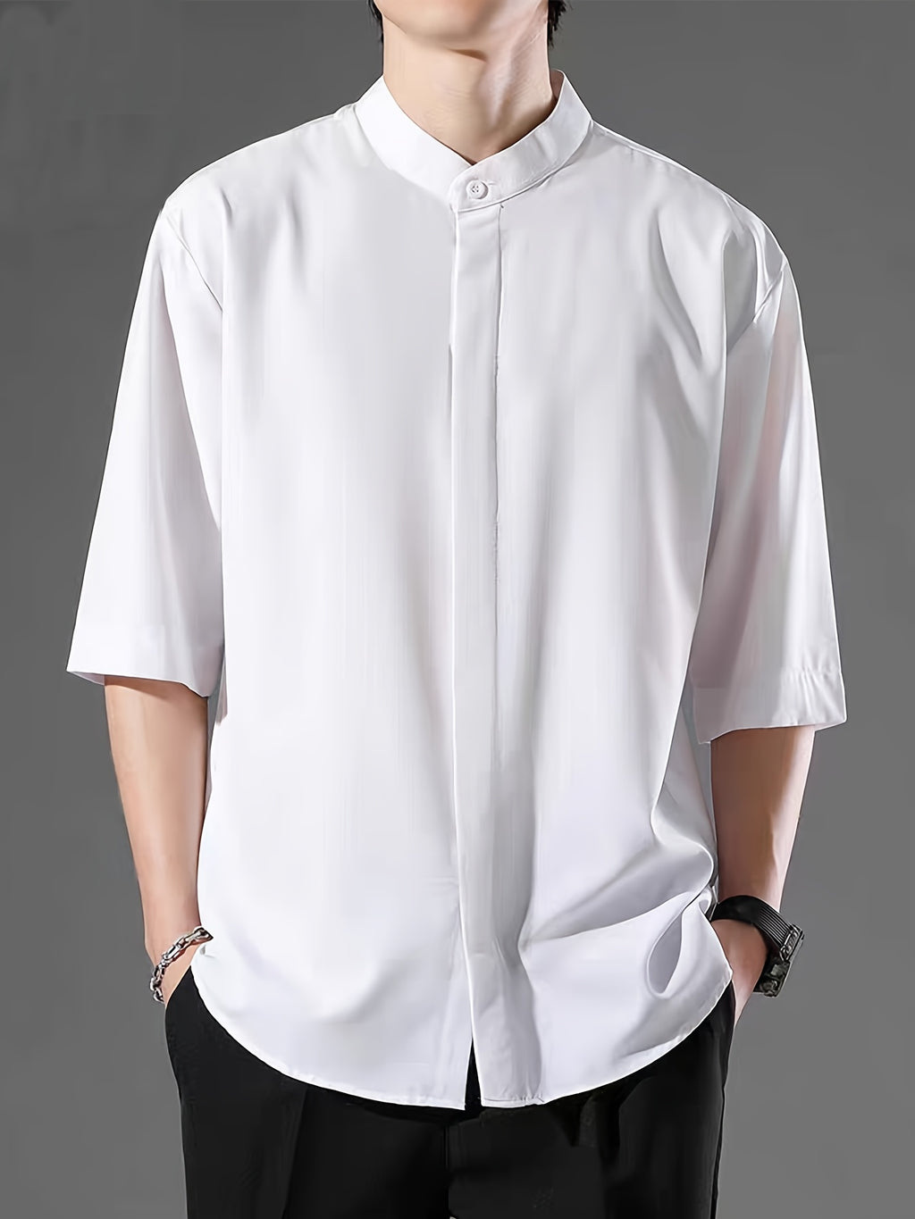 New Chinese Style Standing Collar Men's Shirt, Comfortable and Skin Friendly with Mid Sleeves, Simple and Versatile Men's Casual Shirt - White