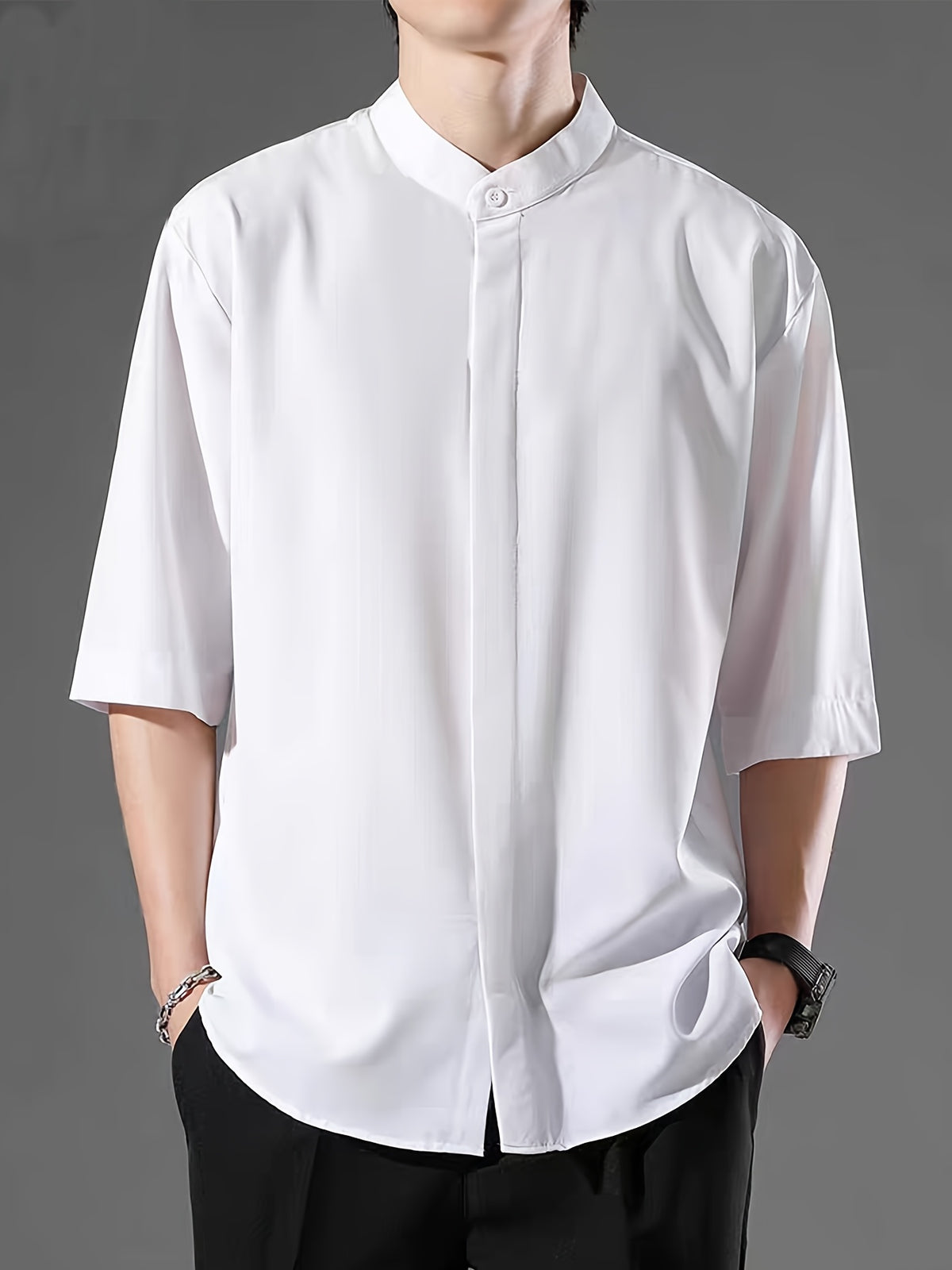 New Chinese Style Standing Collar Men's Shirt, Comfortable and Skin Friendly with Mid Sleeves, Simple and Versatile Men's Casual Shirt - White