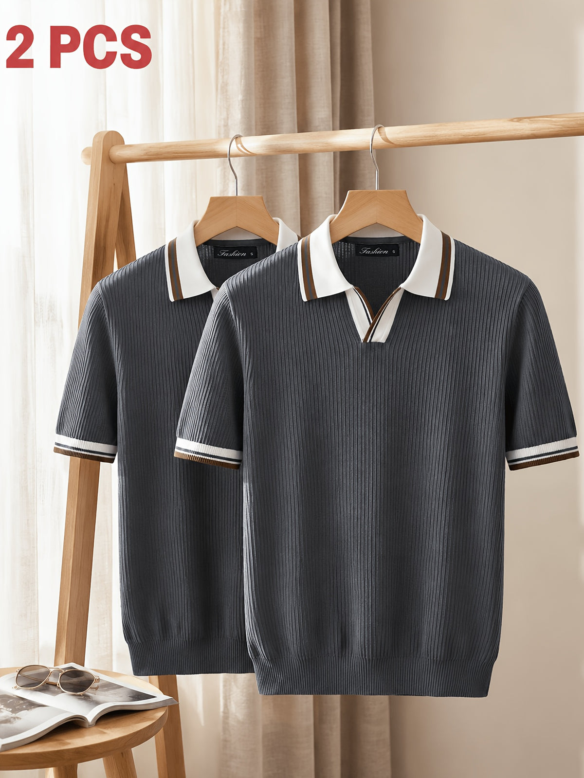 2pcs Men'S Textured Knit Polo Shirt Set, Contrast Striped Lapel V-Neck Breathable Preppy Golf Knit Short Sleeve - Gray + Gray