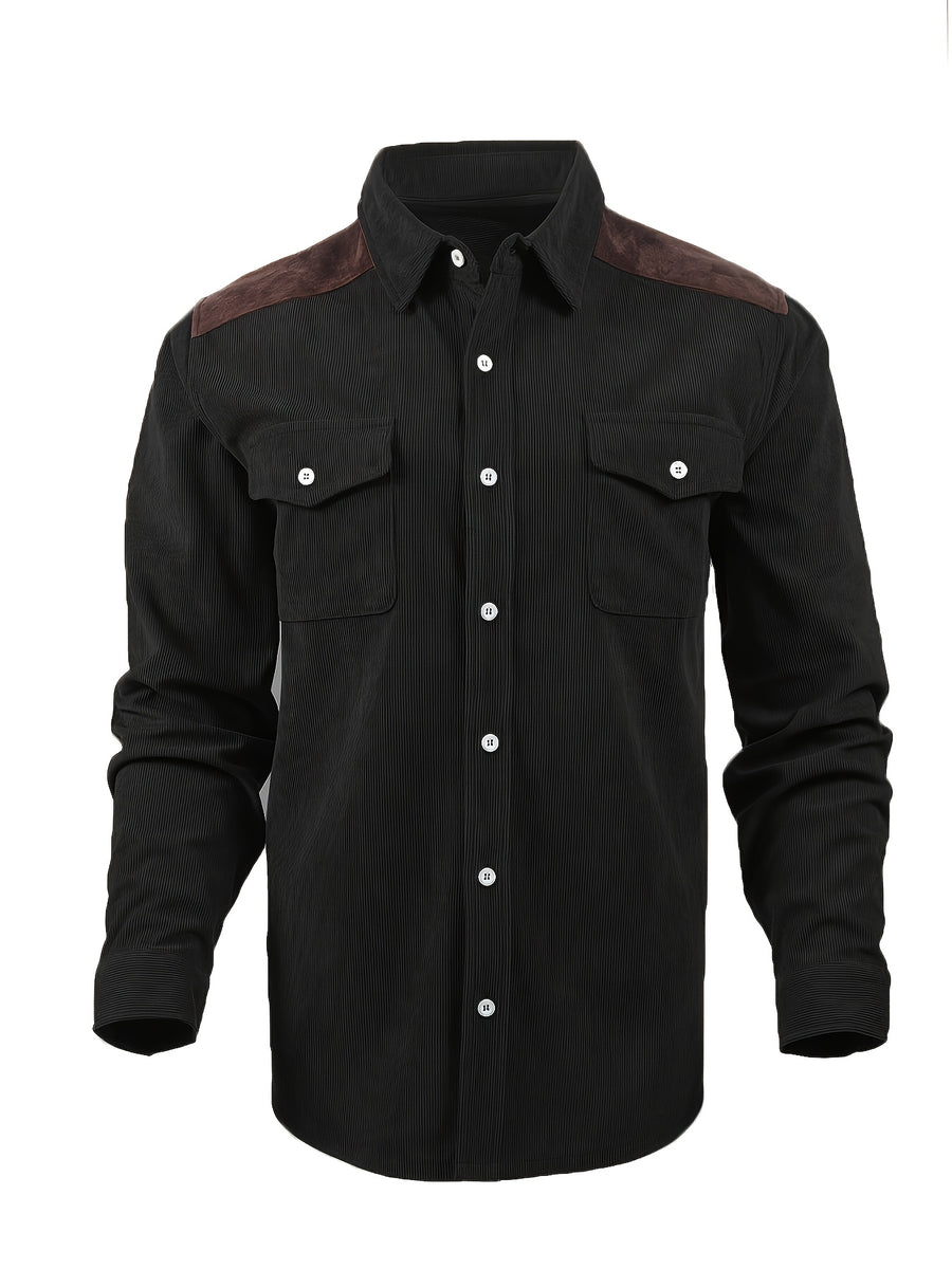 Men'S Retro Corduroy Shirt - Casual Long Sleeve Pocket Shirt, Brown Retro Style Jacket, Suitable for All Seasons, Lapel Design, Loose Fit Suitable for Layering Or Wearing Alone - Black