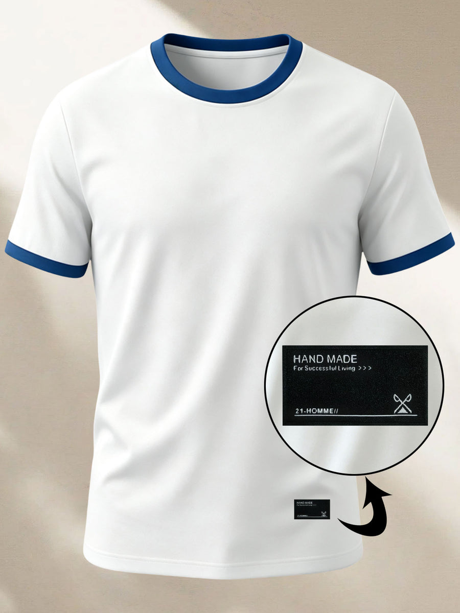 100% Cotton Men's Knitted Color-Block Crew Neck Patched T-Shirt, Summer All-Season Base Layer, Factory-Made for Men, Comfortable, High Quality, High Fit Rate, Casual Sportswear with Contrast Hem and Patch Appliqué - White with Blue ZZ021