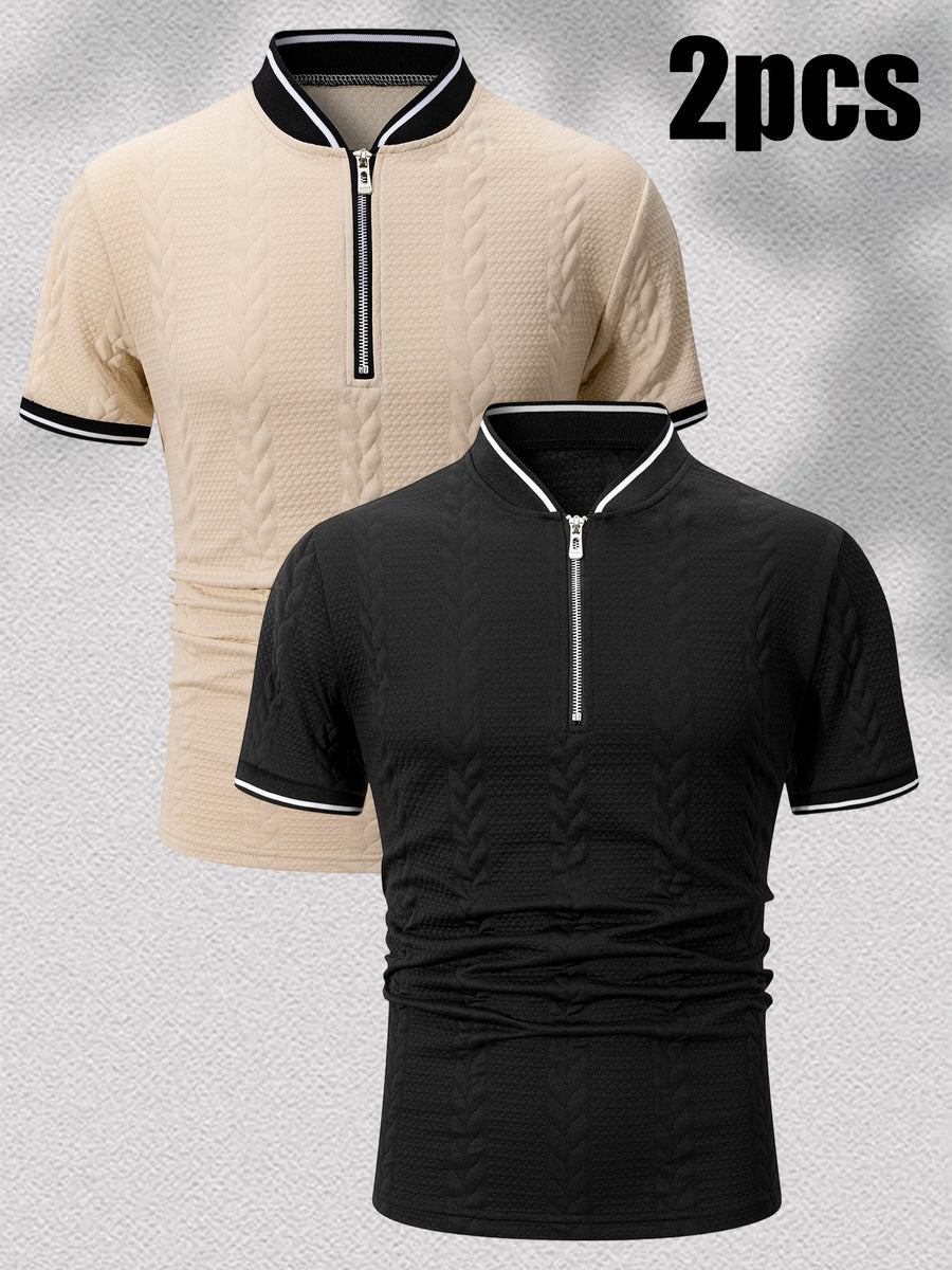 2pcs Men'S Ribbed Half-Zipper Short Sleeve Polo Shirts, Textured Knit Breathable T-Shirts, Commute Vacation Sports Casual Stand-Up Short Sleeves, Contrast Trim Collar And Cuffs, Zippered Placket Design, Suitable for Summer Casual/Commute/Date Wear - Black+khaki
