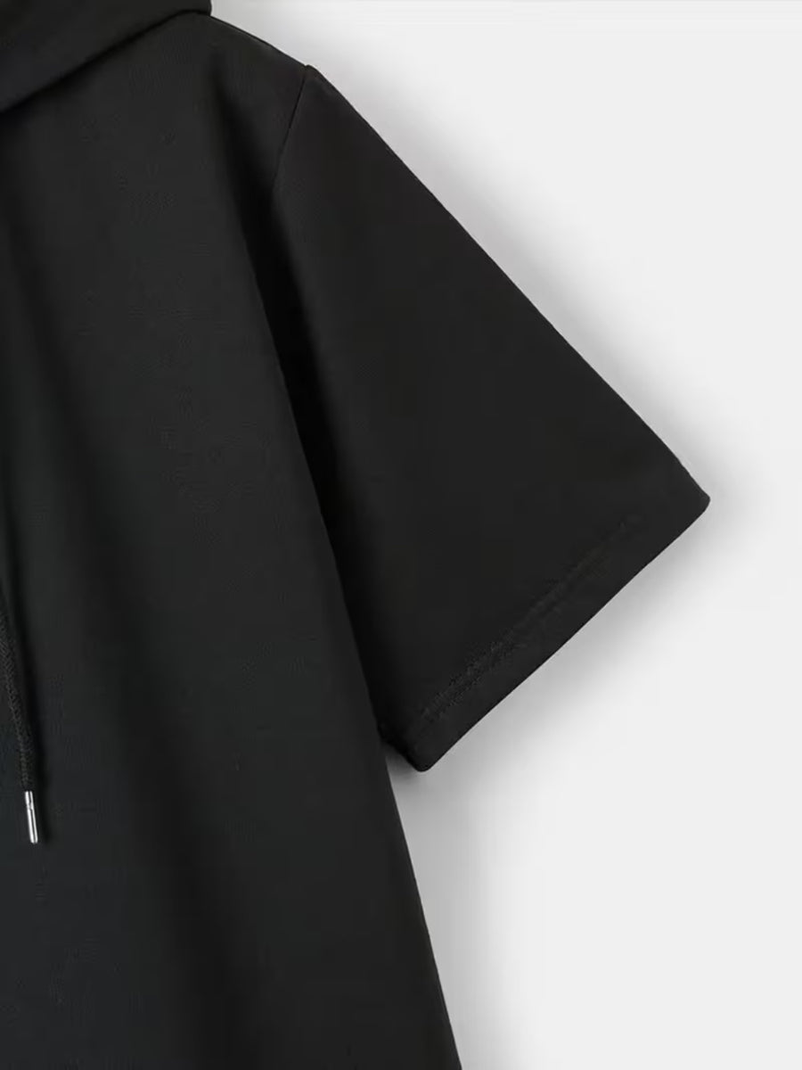 Summer New Men'S Basic Athletic Solid Color Hooded Short Sleeve T-Shirt, Street Trendy Casual Top - Black