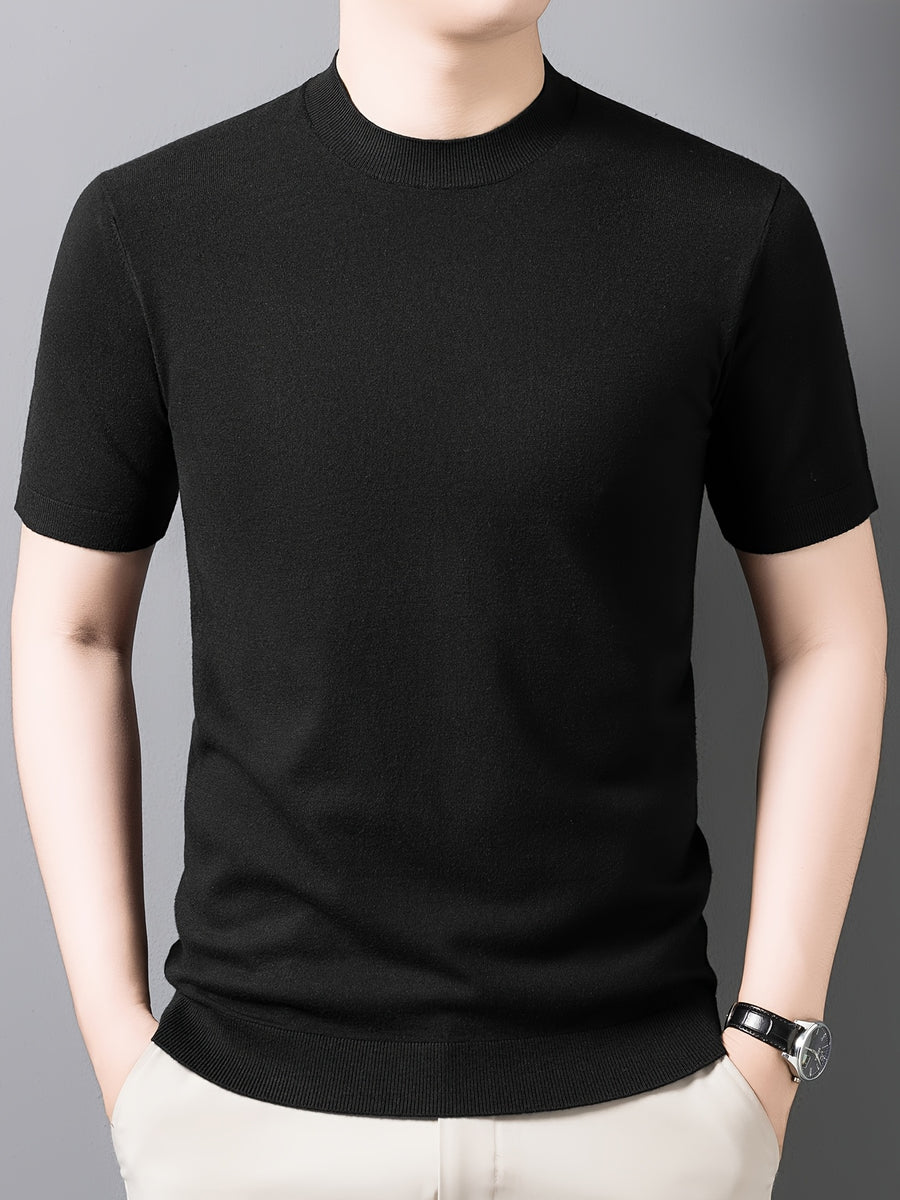 Men'S Summer Short-Sleeve Knit Top, Classic Round Neck Easy Solid Color Design, Breathable And Moisture-Wicking, Fashionable And Versatile in Multiple Colors, Suitable for Casual And Athletic Wear - Black