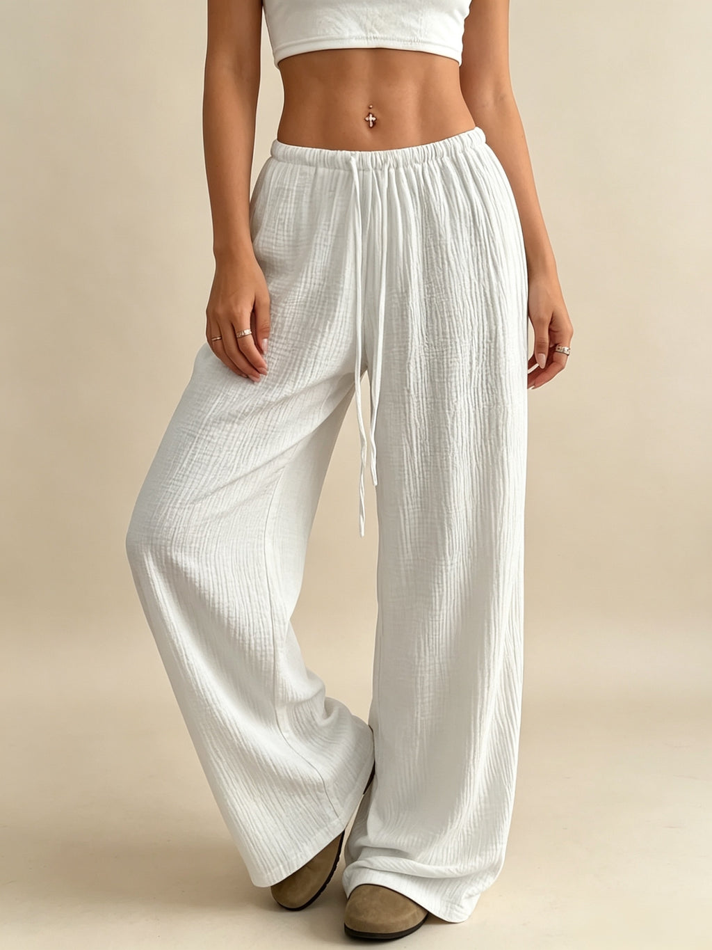 398 Solid Color Drawstring Casual Pants Universal Workwear - White