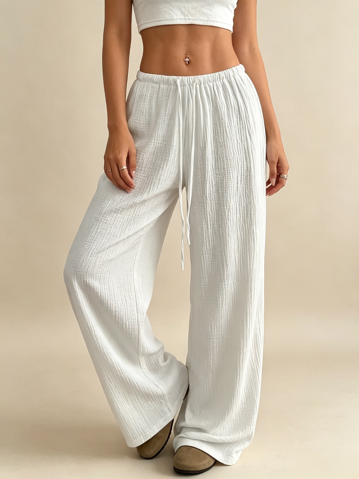 398 Solid Color Drawstring Casual Pants Universal Workwear - White